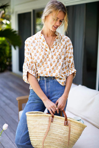 Love Tomas by EF Mandarin Collar Top, Little Marigolds
