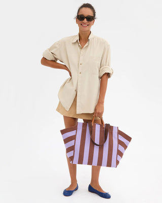 Clare V. Canvas Beach Tote, Jacaranda Hazelnut Stripe