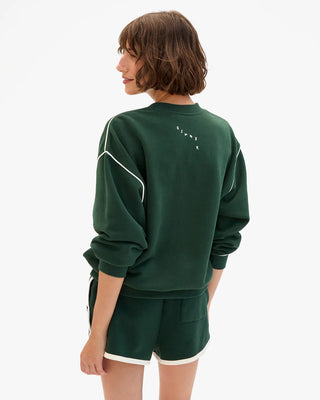 Clare V. Oversized Geo Les Sardines Sweatshirt w/ Piping, Deep Forest w/ Cream