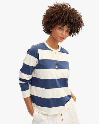 Clare V. Long Sleeve Tee Rugby Stripe, Cream/Navy
