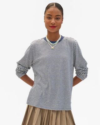 Clare V. Long Sleeve Tee, Navy Cream Mini Stripe