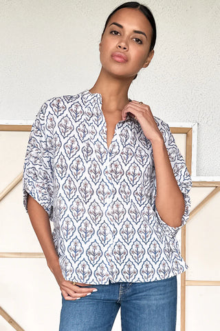 Love Tomas Mandarin Collar Top, Blue Portrait Floral