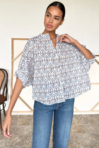 Love Tomas Mandarin Collar Top, Blue Portrait Floral