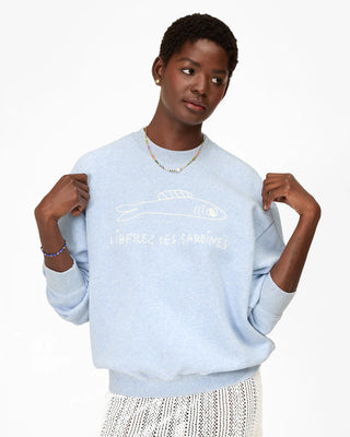 Clare V. Oversized Liberez Les Sardines Sweatshirt, Heather Blue