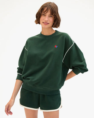 Clare V. Oversized Geo Les Sardines Sweatshirt w/ Piping, Deep Forest w/ Cream