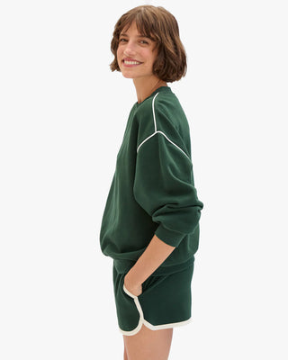 Clare V. Oversized Geo Les Sardines Sweatshirt w/ Piping, Deep Forest w/ Cream