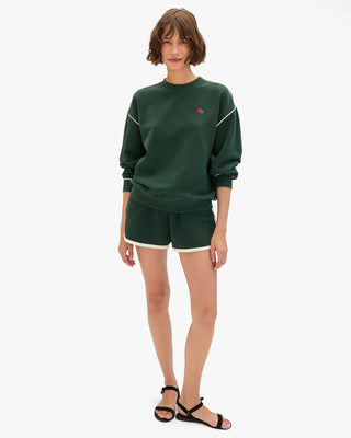 Clare V. Oversized Geo Les Sardines Sweatshirt w/ Piping, Deep Forest w/ Cream