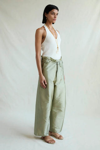 Chan Luu Techno Taffeta Barrel Pants, Sage