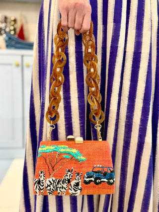 Serpui Candice Zebra Embroidered Raffia Clutch, Orange