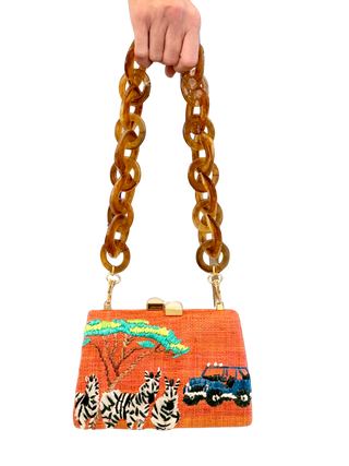 Serpui Candice Zebra Embroidered Raffia Clutch, Orange