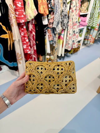 Serpui Charlotte Scales Wicker Clutch, Light Honey