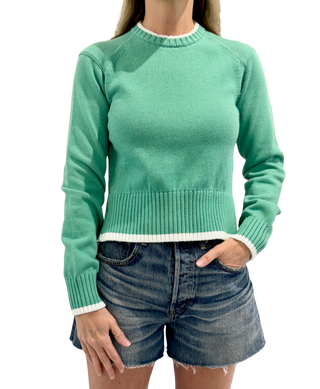 White & Warren Varsity Cotton Crewneck, Retro Green Ivory