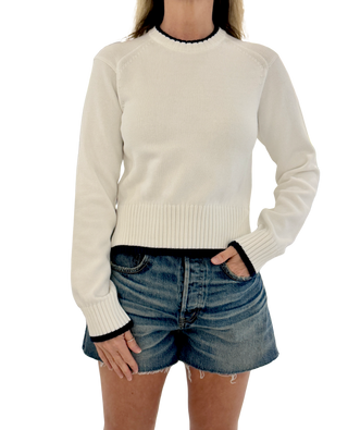 White & Warren Varsity Cotton Crewneck, Ivory Navy