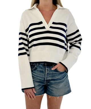 White & Warren Varsity Cotton Striped Polo, Ivory Navy