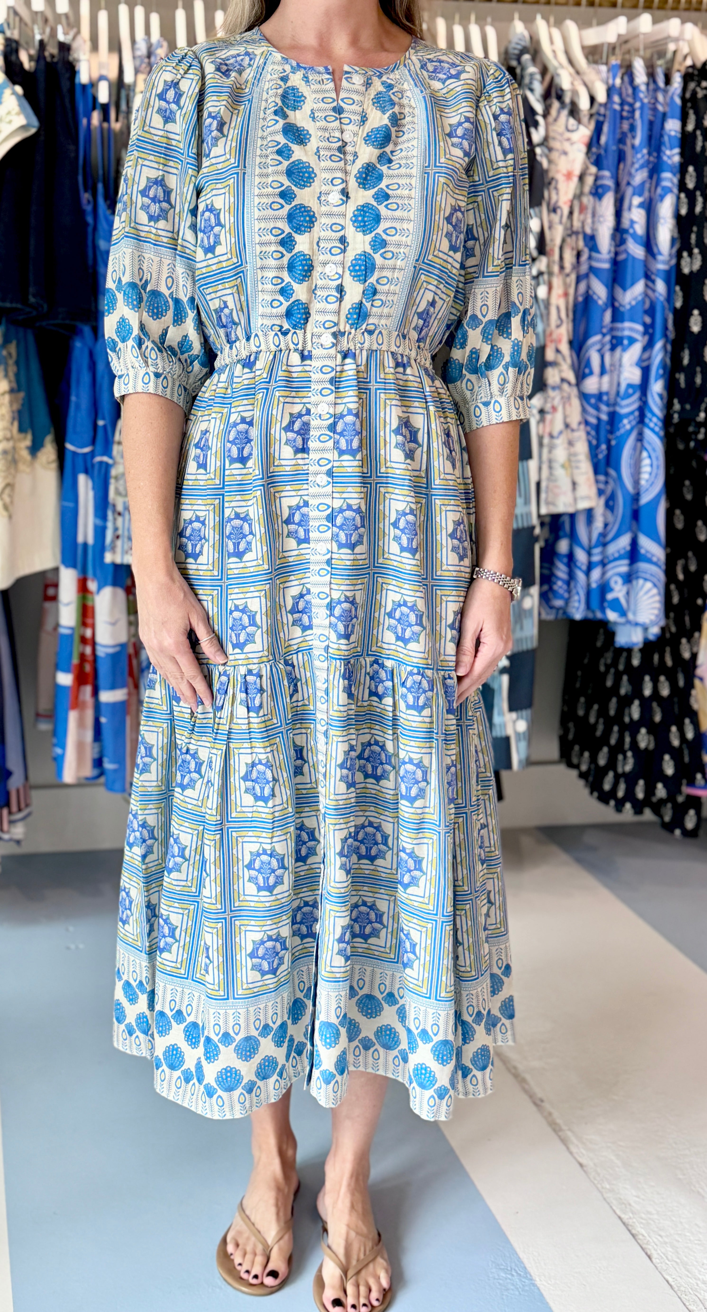 Bell Rosie Midi Dress, Blue Yellow Motif L Bell Rosie Midi Dress, Blue Yellow Motif L