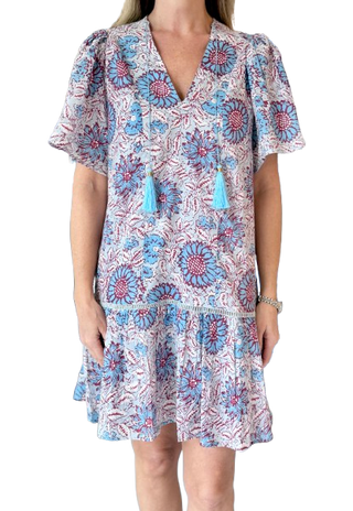 Bell Cat Mini Dress, Teal Celestial Print