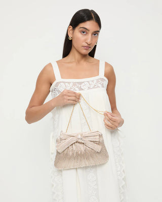 Loeffler Randall Rayne Pleated Frame Clutch with Bow, Platinum