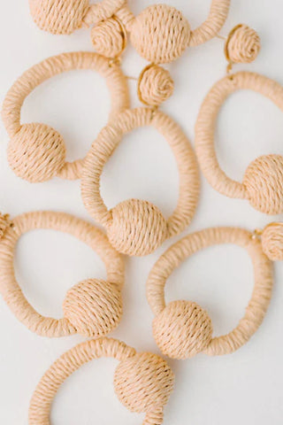 Pom Pom Statement Hoop Earrings, Brown Raffia
