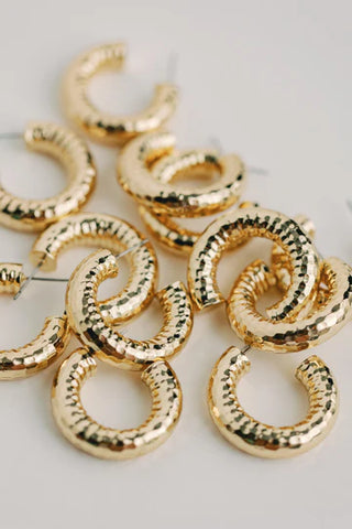 Vintage Style Hoop Earrings, Hammered Gold