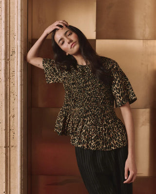 The Great The Smocked Flounce Top, Tan Leopard