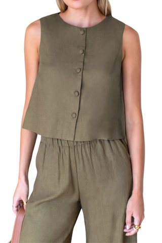 Love Tomas Button Front Wide Hem Top, Gothic Olive Linen