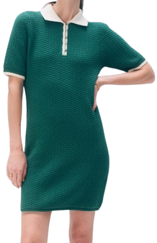 White & Warren Boucle Dress, Ivy Green Ivory Trim