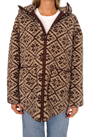 Marea Hooded Sherpa Jacket, Chocolate Jacquard