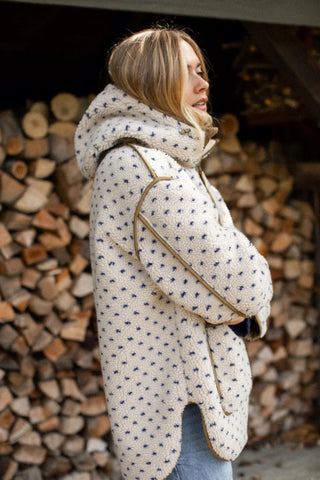 Marea Hooded Sherpa Jacket, Ivory Blue Birdseye