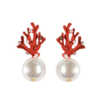 Coral Mini Statement Earrings, Pearl & Red