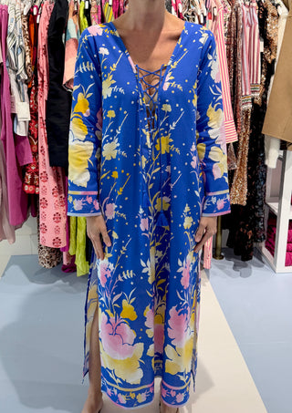 Juliet Dunn Lace Up Kaftan, Oversized Floral Electric Blue