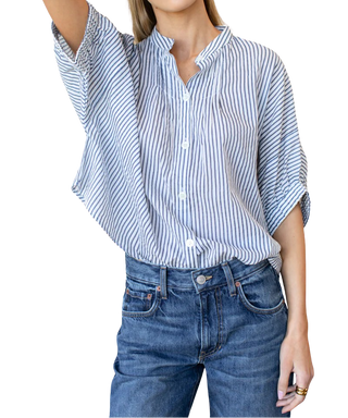 Love Tomas Mandarin Collar Top, Indigo Stripe Organic