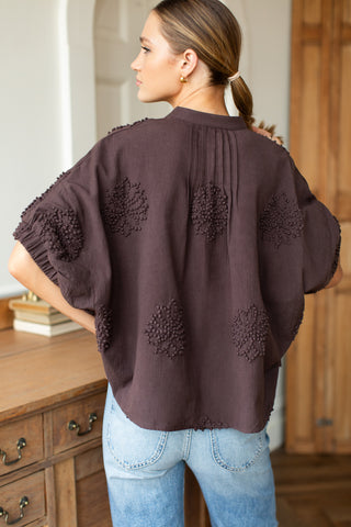 Love Tomas Mandarin Collar Top, French Knot Floral Vintage Chestnut