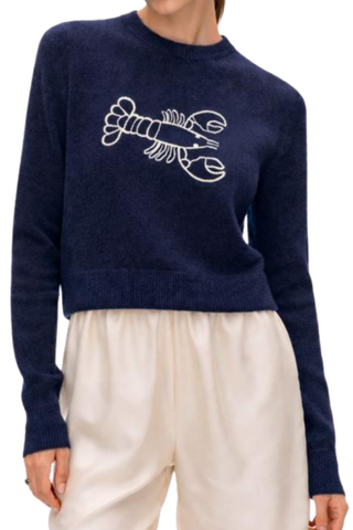 White & Warren Cashmere Embroidered Lobster Crewneck, Deep Navy Soft White