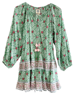 Bell Gwenyth Mini Dress w/ Belt, Green with Pink Flower