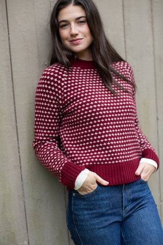 Marea Lodge Sweater, Burgundy Ivory Birdseye