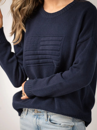 Beau & Ro American Flag Sweater, Tonal Navy Blue