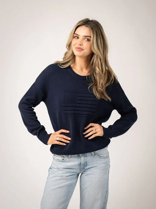 Beau & Ro American Flag Sweater, Tonal Navy Blue