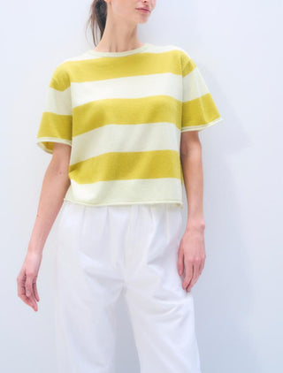 White & Warren Cashmere Striped Tee, Pale Pistachio Citronelle