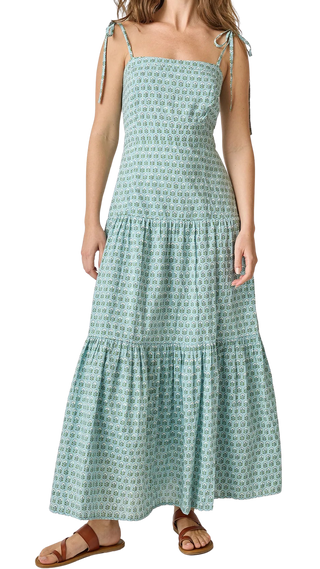 Pink Chicken Marilyn Dress, Blue Prairie Block Print