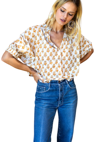 Love Tomas by EF Mandarin Collar Top, Little Marigolds