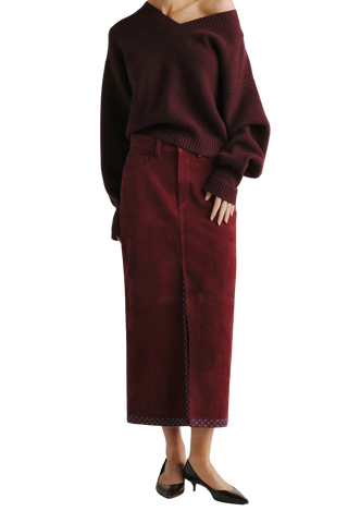 DL1961 Alma Midi Skirt, Burgundy Suede Embroidery