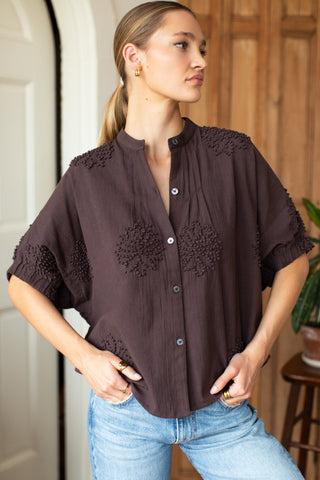 Love Tomas Mandarin Collar Top, French Knot Floral Vintage Chestnut