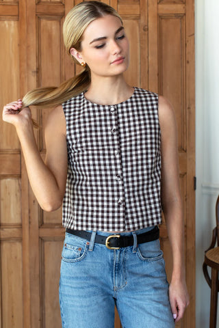 Love Tomas Button Front Wide Hem Top, Cocoa Gingham
