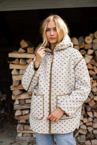 Marea Hooded Sherpa Jacket, Ivory Blue Birdseye