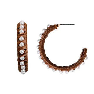 Pearl Studded Raffia Statement Hoop Earrings, Dark Brown