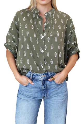 Love Tomas by EF Mandarin Collar Top, Marguerite 2 Gothic Olive