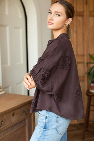 Love Tomas Mandarin Collar Top, French Knot Floral Vintage Chestnut