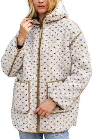 Marea Hooded Sherpa Jacket, Ivory Blue Birdseye