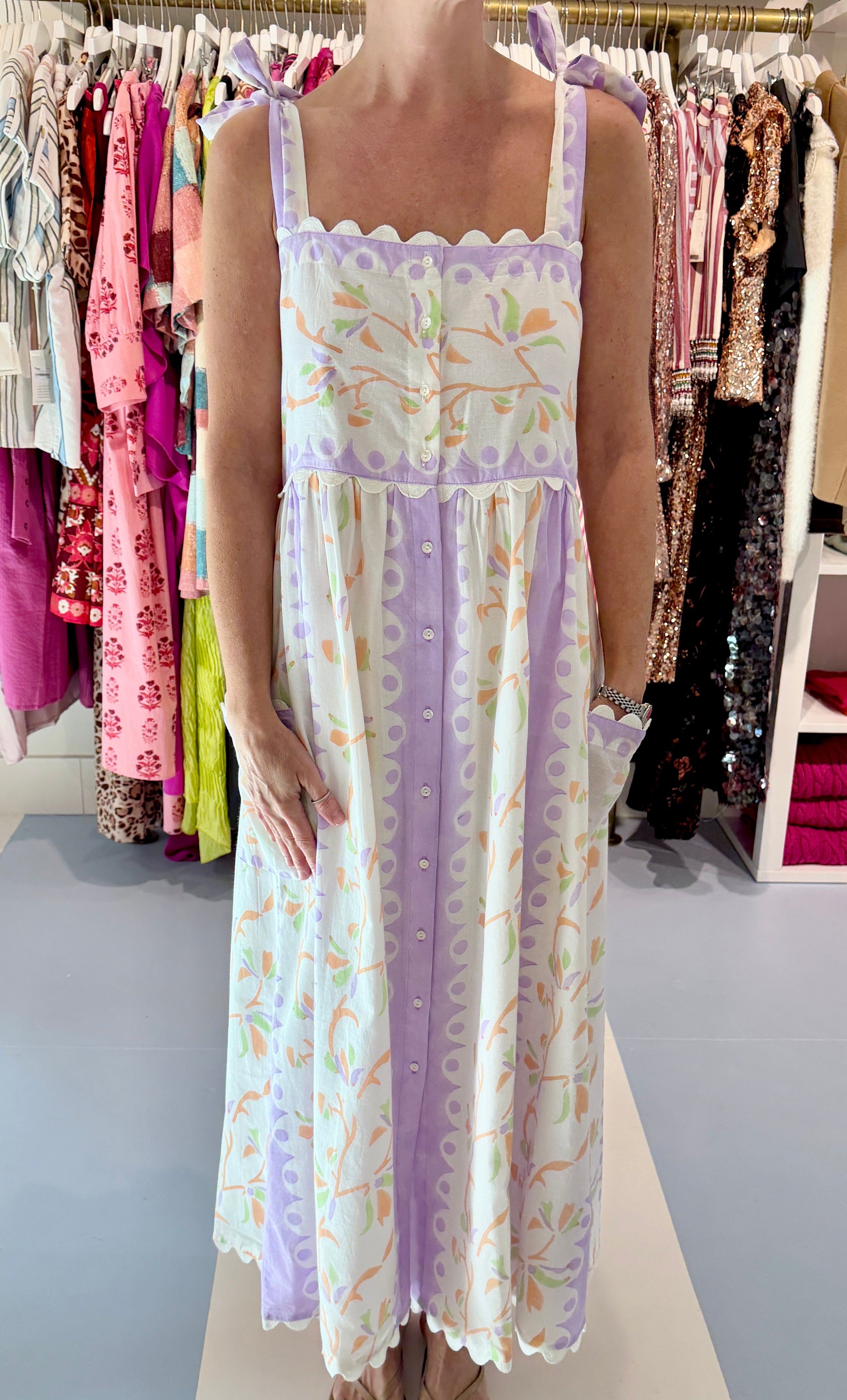 Juliet Dunn Tie Shoulder Dress, Birds of Paradise Lilac Multi
