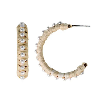 Pearl Studded Raffia Statement Hoop Earrings, Natural